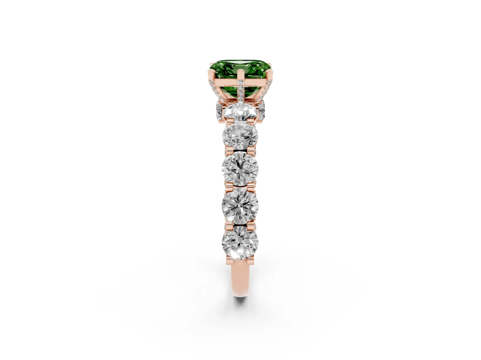 Fancy Green Asscher Cut Diamond Side Stone Engagement Ring with Four-Prong Setting Rose gold