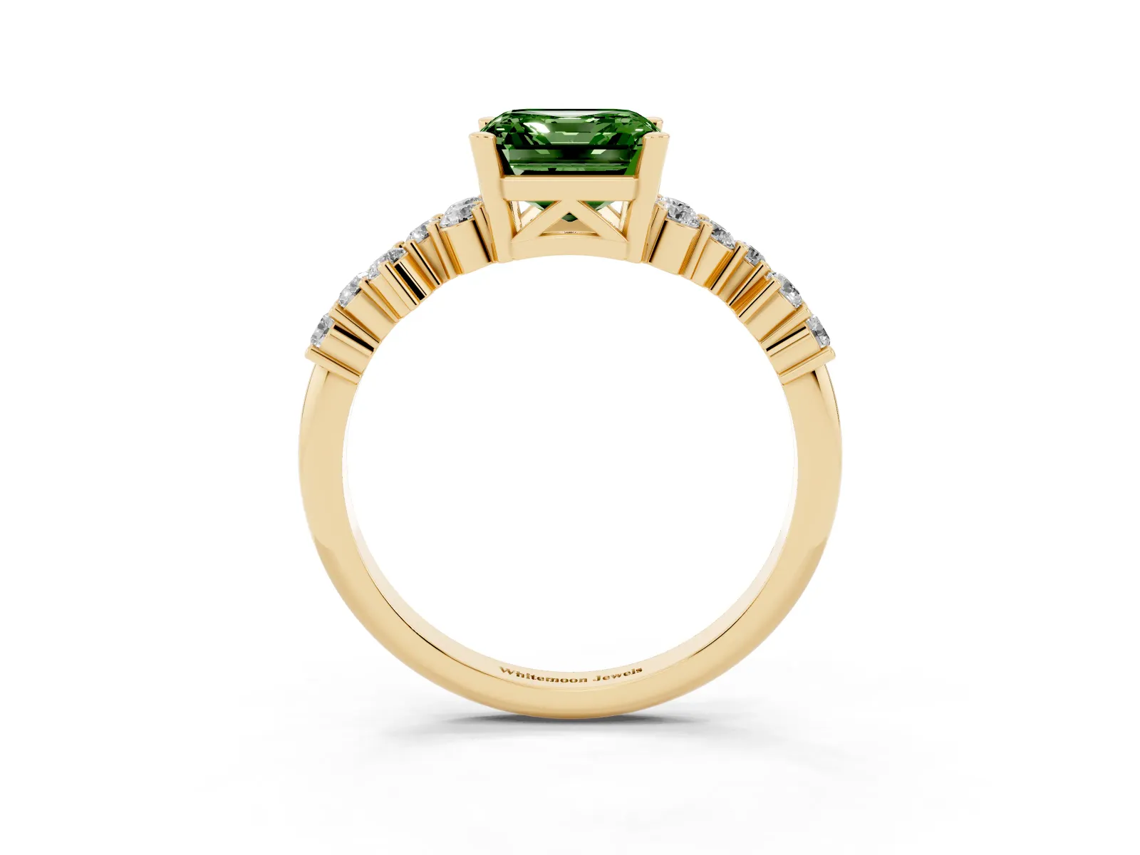 Fancy Green Asscher Cut Diamond Scattered Round Accent Ring with Prong Setting Yellow gold