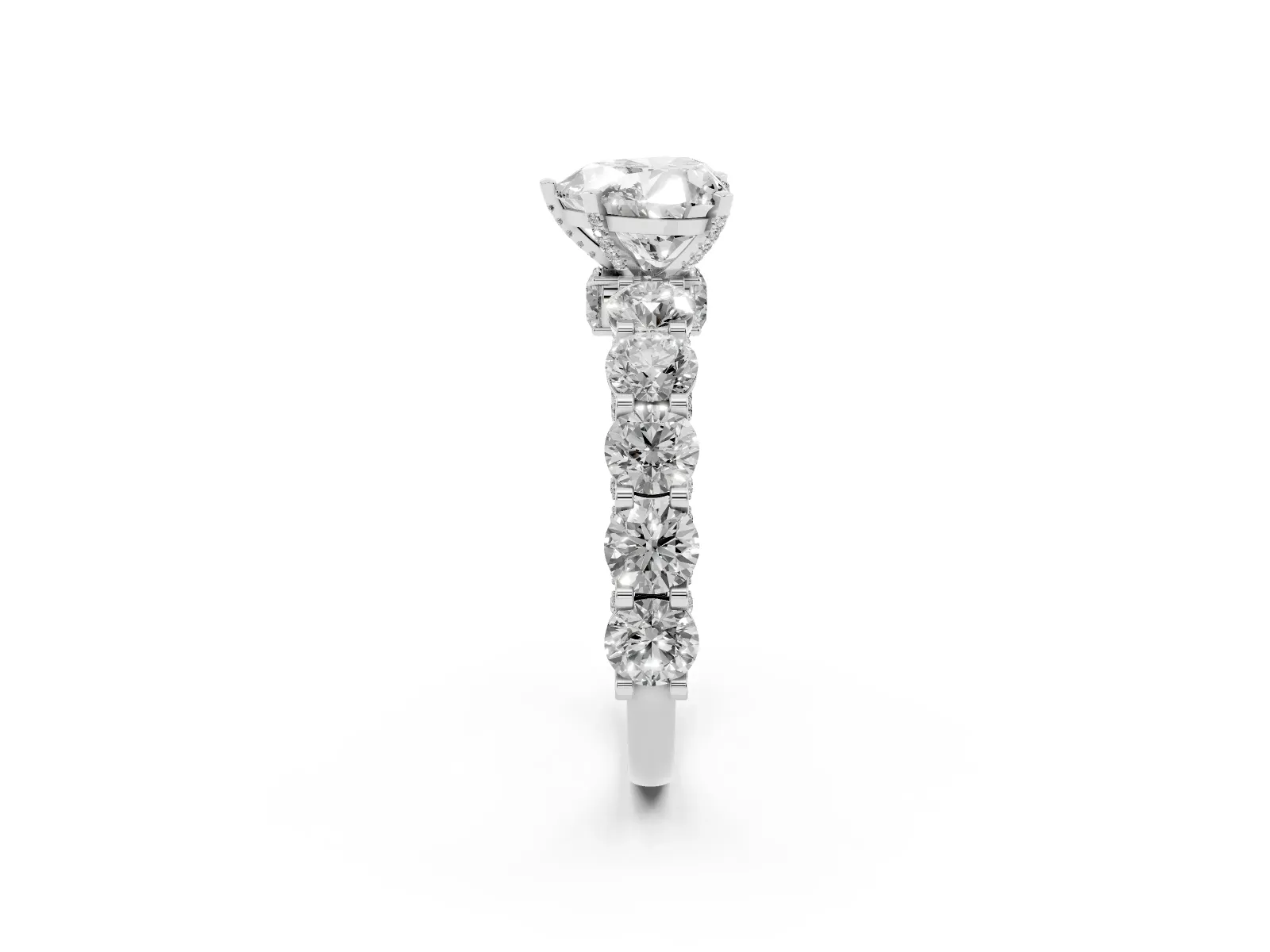 Heart Cut Diamond Side Stone Engagement Ring with Four-Prong Setting Silver