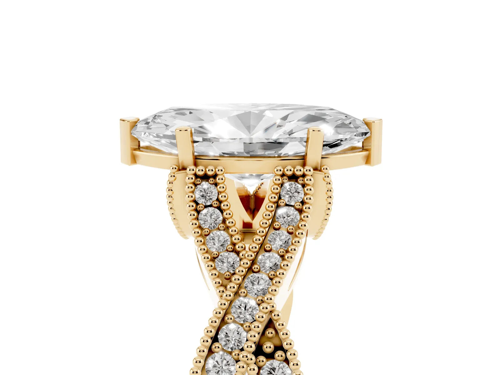 Marquise Cut Cut Diamond Twisted Band with Milgrain Pave Setting and Four-Prong Setting Yellow gold