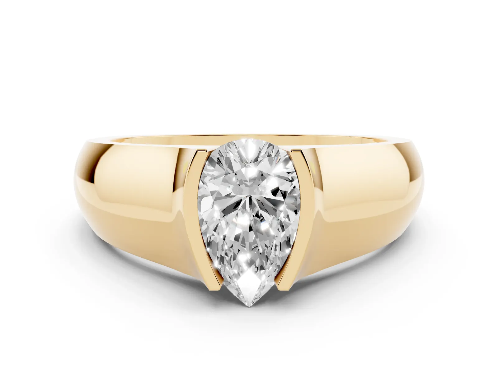 Pear Cut Solitaire Bezel Set Diamond Ring with Wide Band Yellow gold