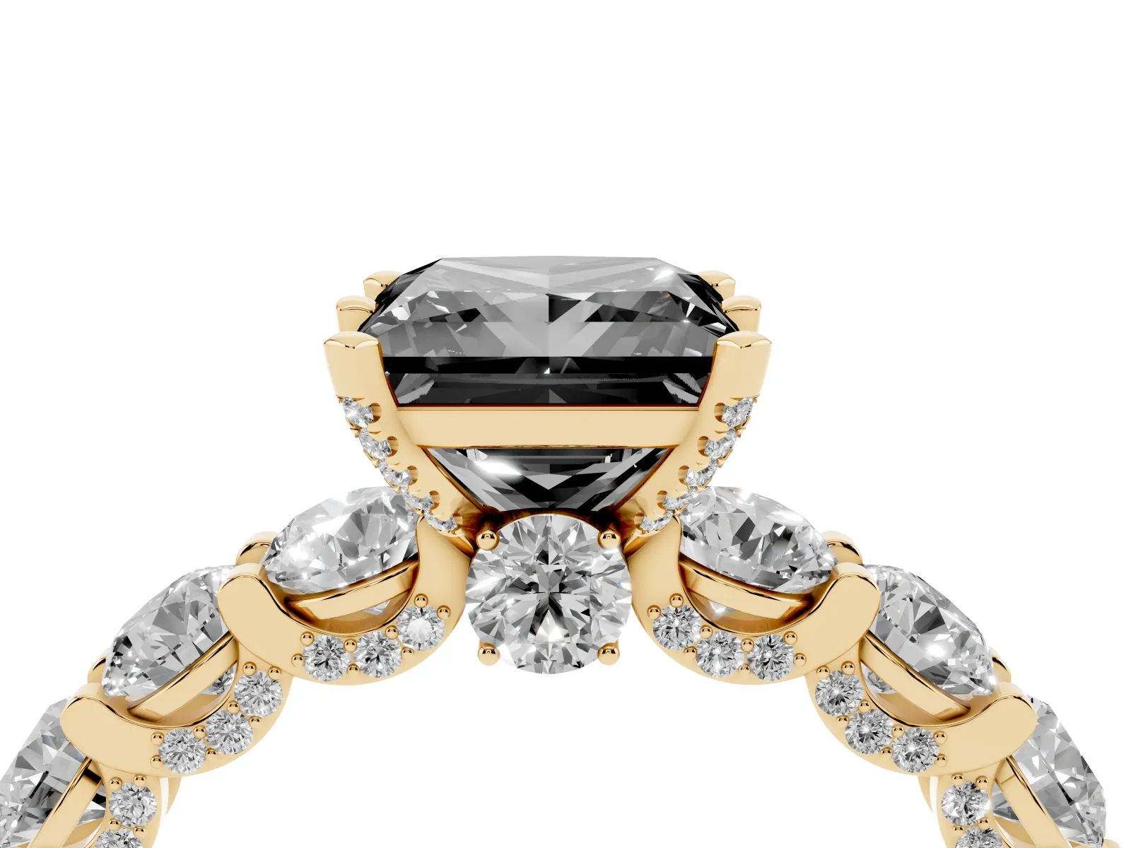 Fancy Black Princess Cut Diamond Side Stone Engagement Ring with Four-Prong Setting Yellow gold