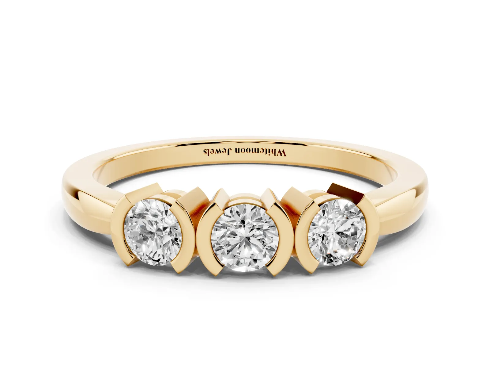Three-Stone Round Diamond Half Bezel Prong Band Yellow gold