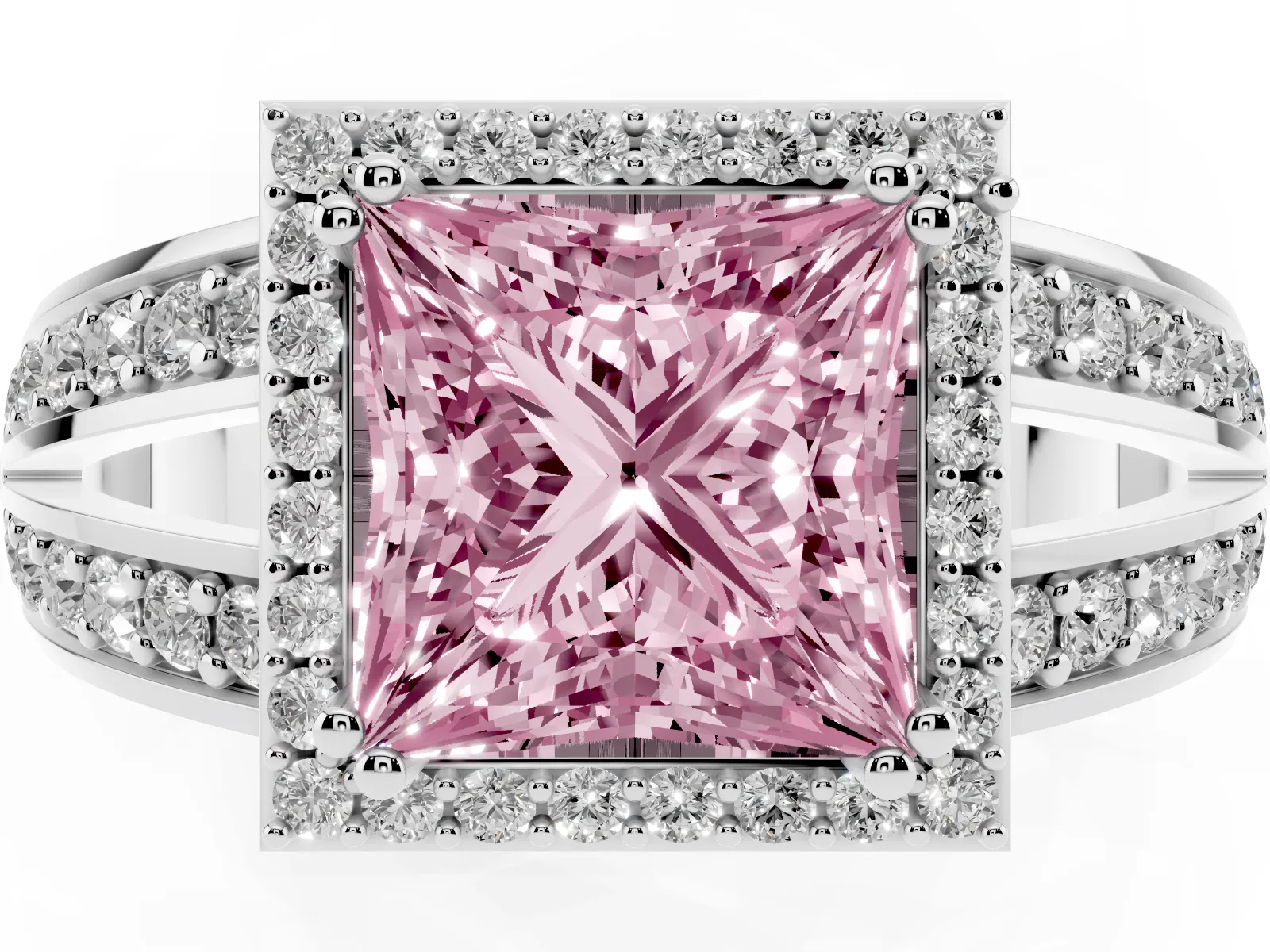 Fancy Pink Princess Cut Diamond Halo Ring with Split Shank Pavé Band and Four-Prong Setting Platinum