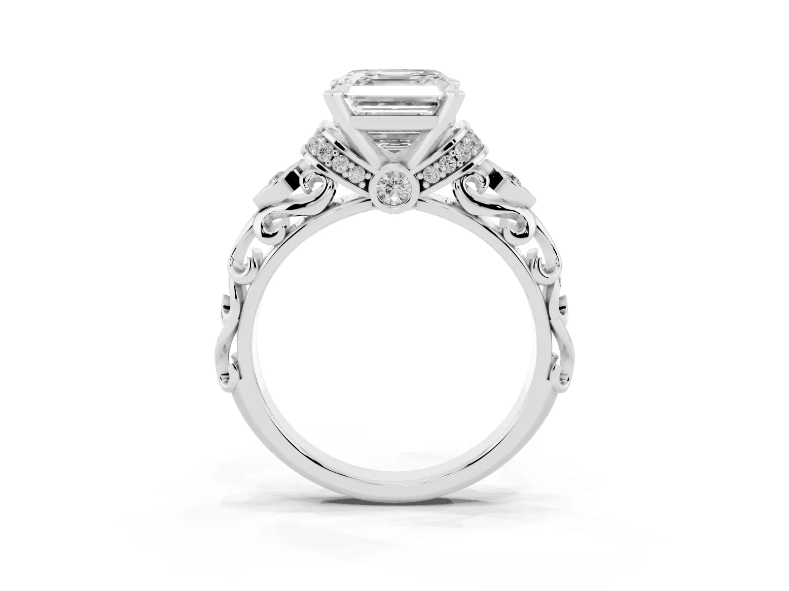 Asscher Cut Diamond Solitaire Ring with Filigree Band and Four-Prong Setting Platinum