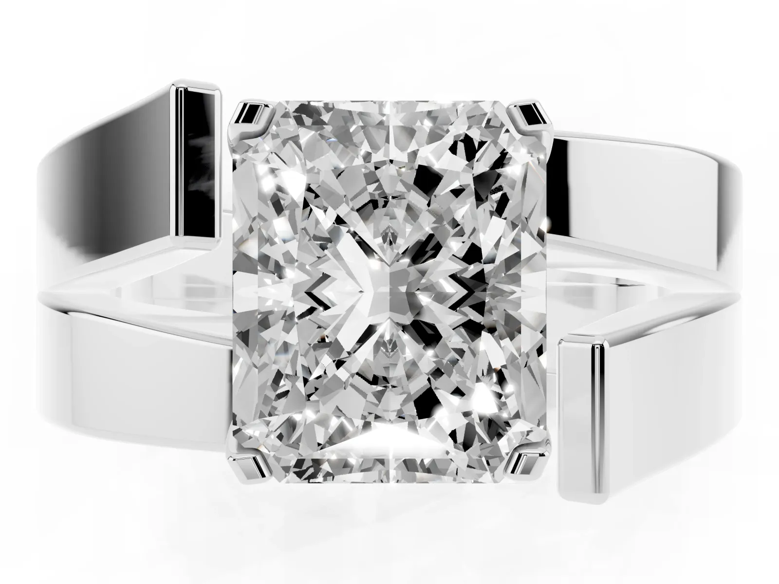 Modern Tension Set Radiant Cut Diamond Solitaire Wide Band Ring White gold