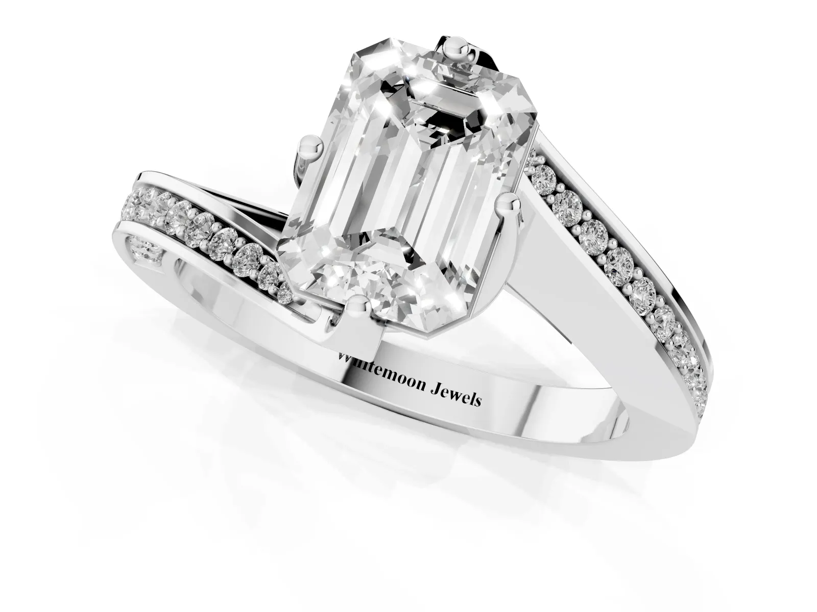 Emerald Cut Solitaire Diamond Twist Band with Pavé Setting and Four-Prong Setting Platinum