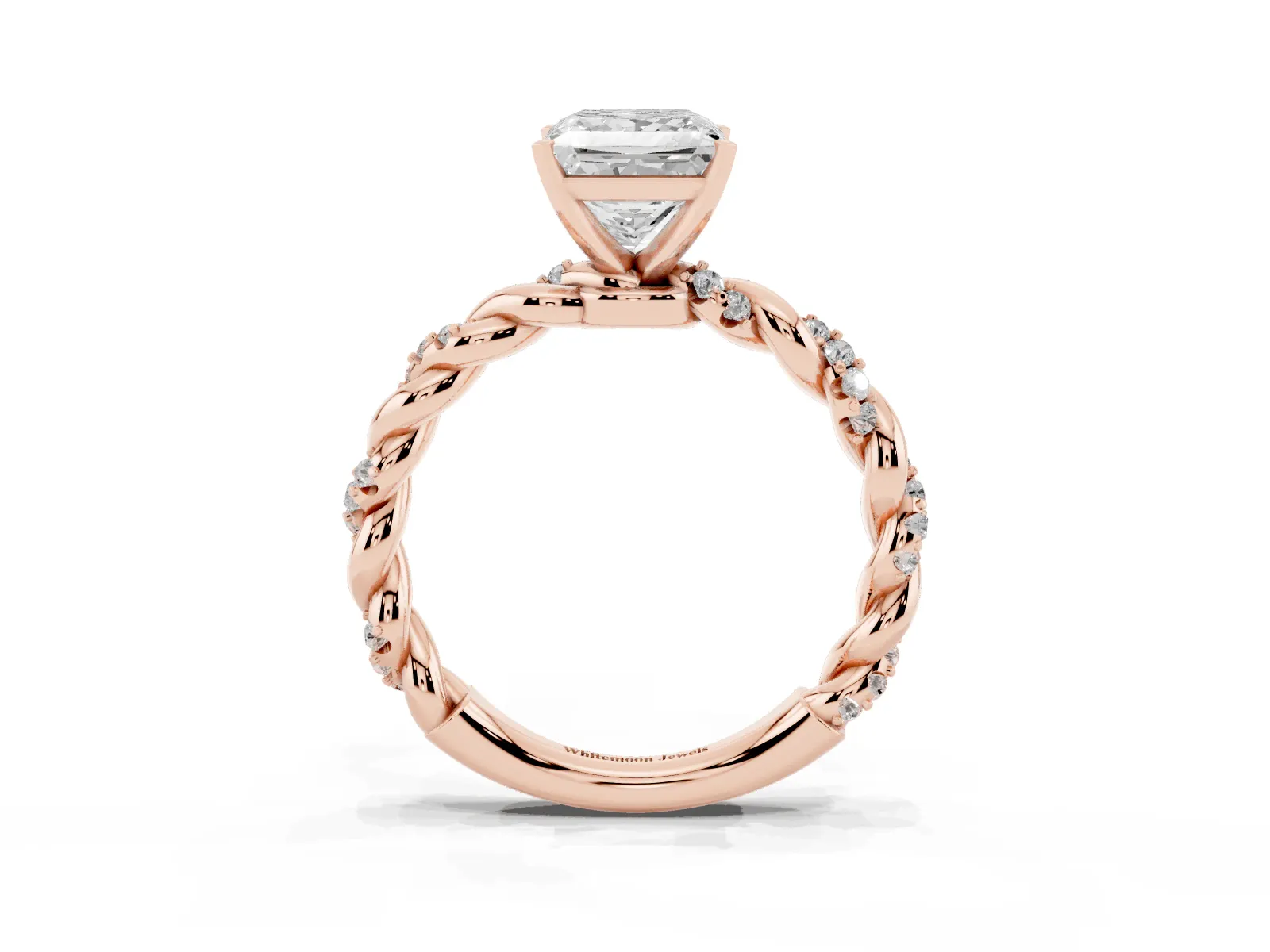 Princess Cut Diamond Solitaire Ring with Twisted Band and Pavé Accents Rose gold