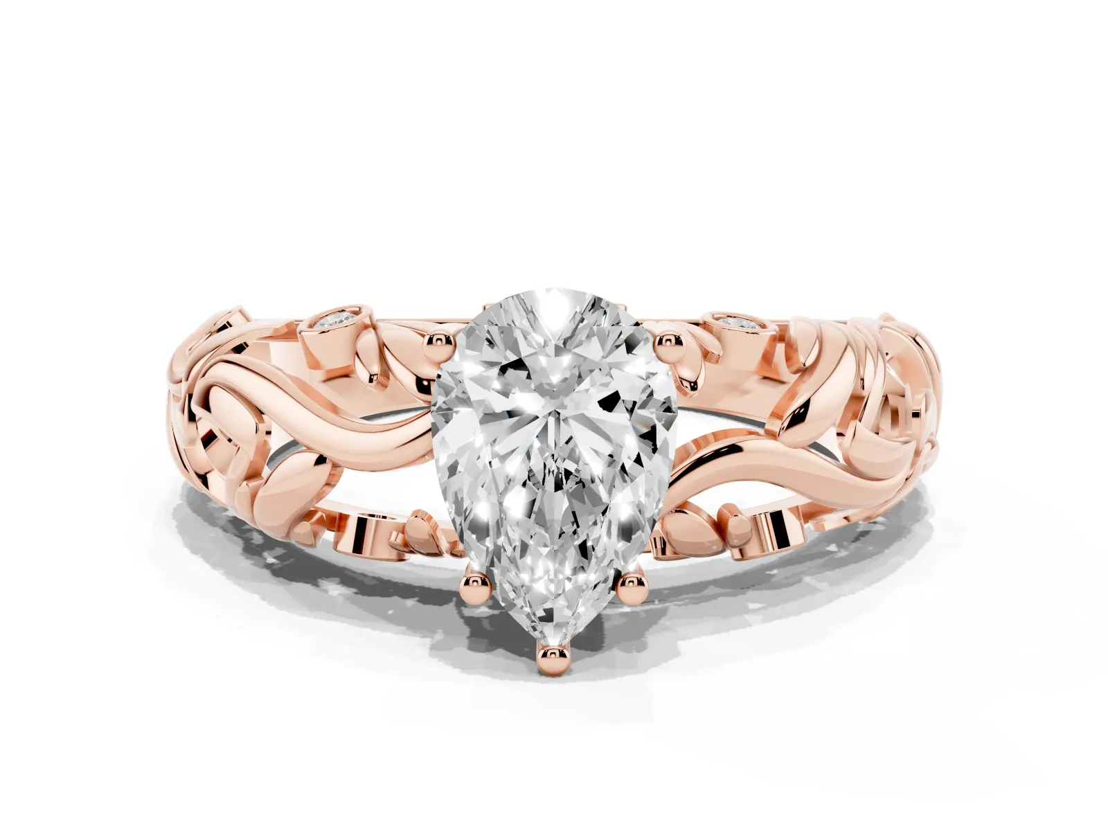 Pear Cut Solitaire Diamond Leaf-Inspired Vine Band Ring with Prong Setting Rose gold