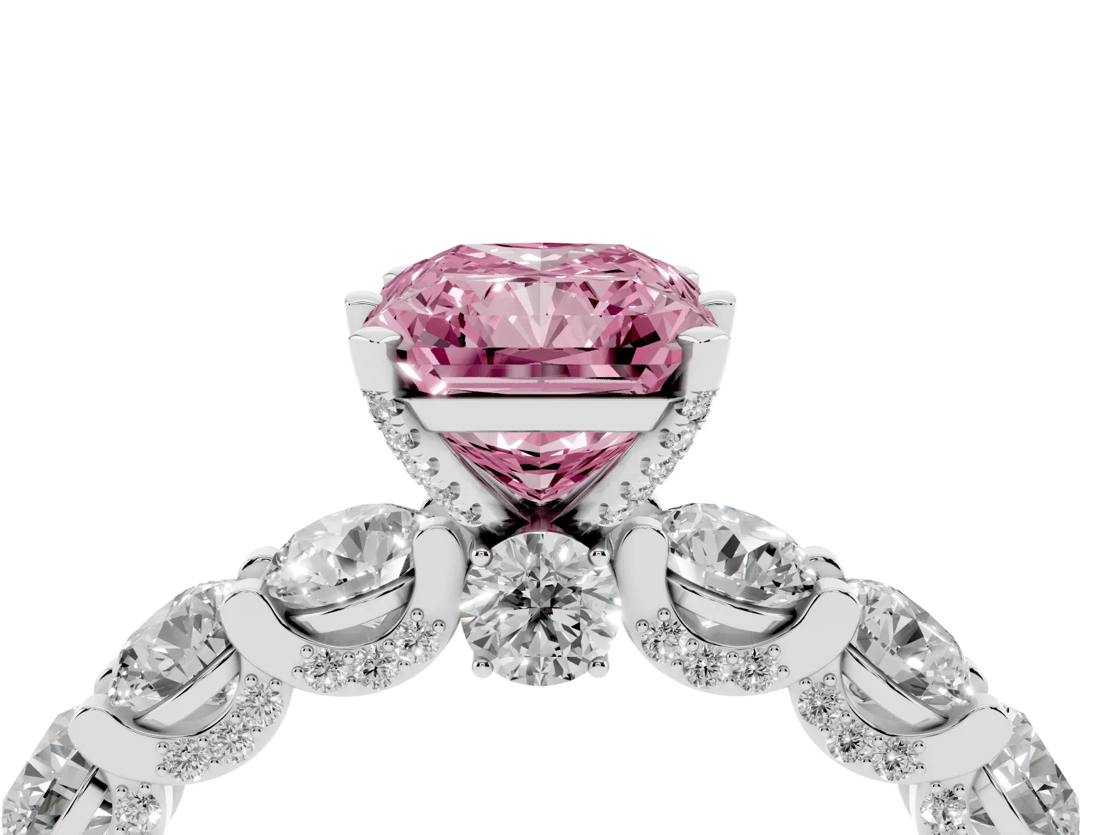 Fancy Pink Radiant Cut Diamond Side Stone Engagement Ring with Four-Prong Setting Platinum