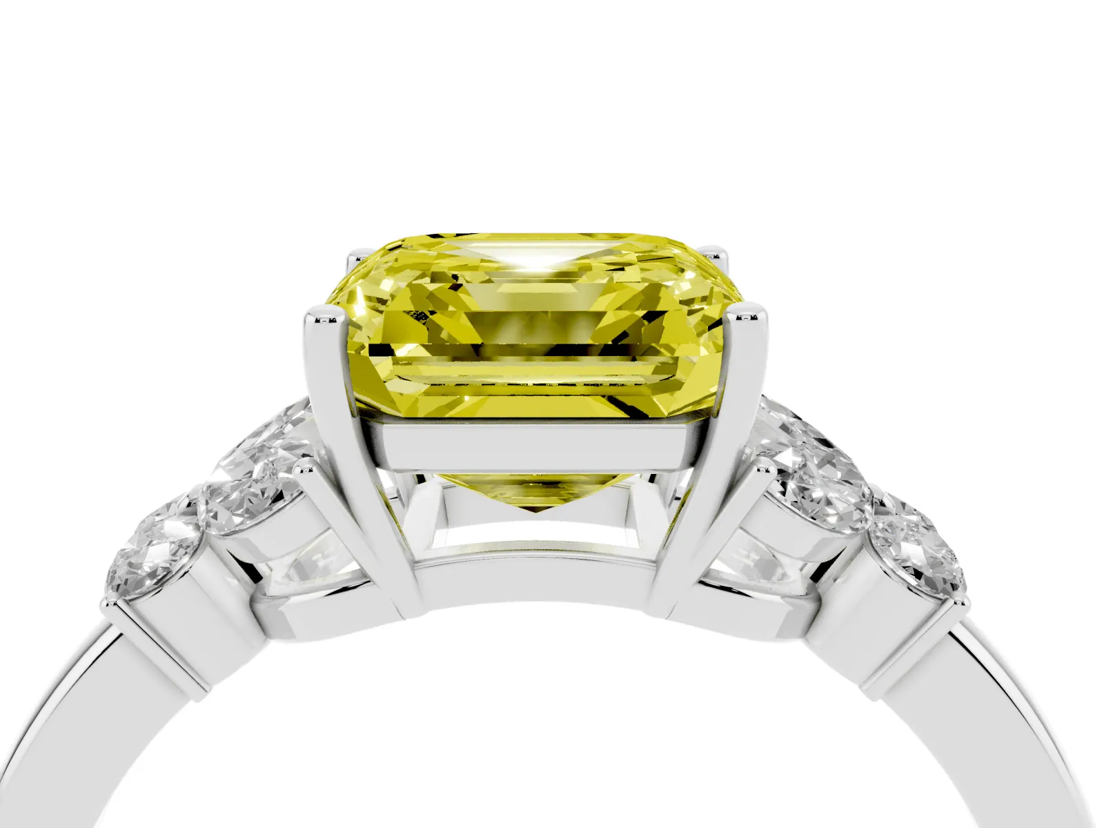 Fancy Yellow Asscher Cut Cut Solitaire Floral Diamond Ring with Four-Prong Setting Platinum