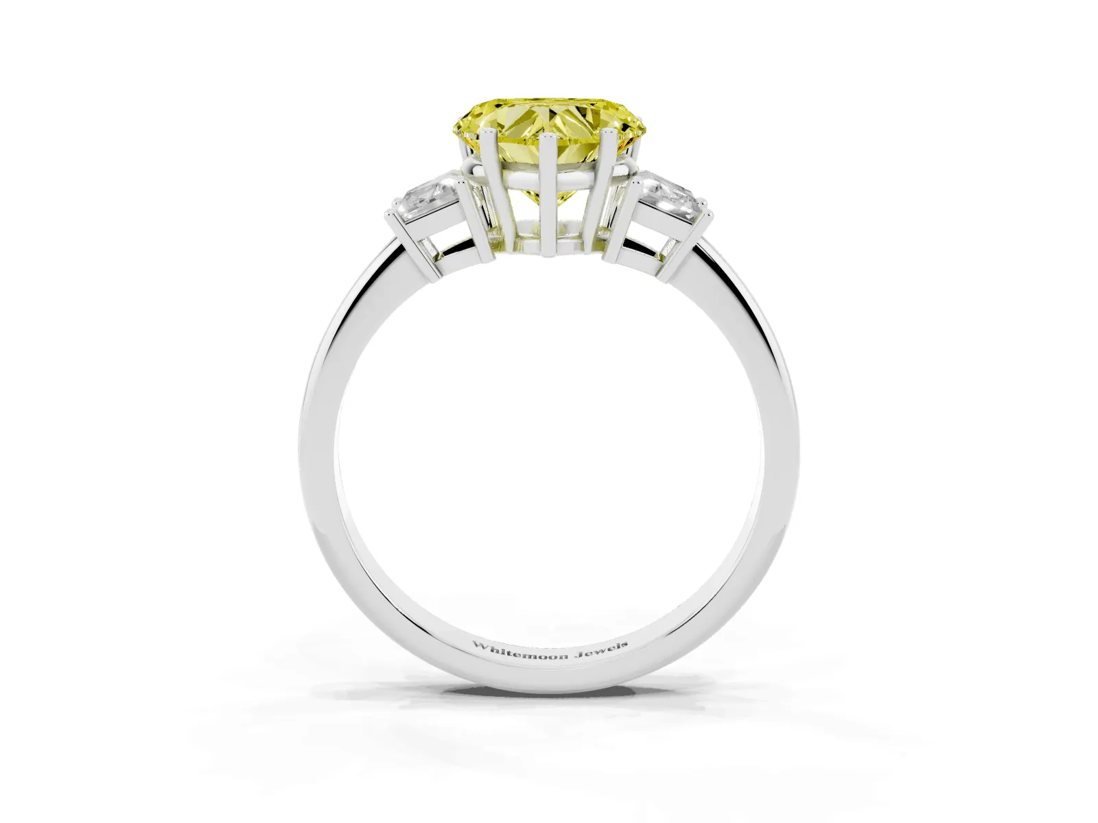 Fancy Yellow Heart Cut Diamond Three-Stone Ring with Trapezoid Side Stones and Prong Setting White gold