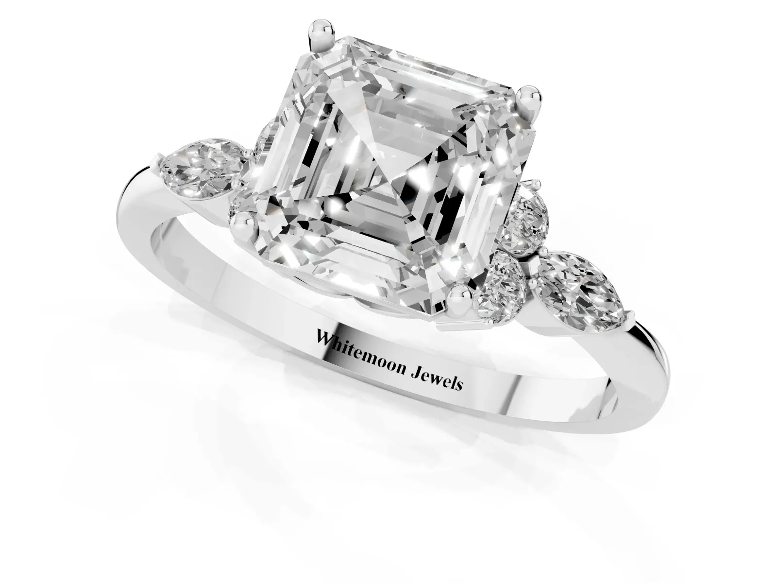 Asscher Cut Brilliant Diamond Solitaire Ring with Pear Side Stones and Four-Prong Setting Platinum