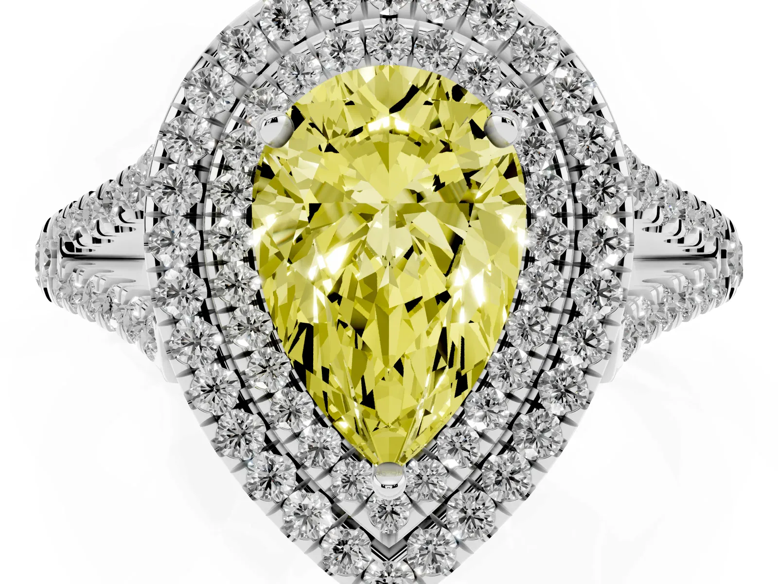 Fancy Yellow Pear Cut Diamond Double Halo Ring with Pavé Band and Prong Setting Platinum