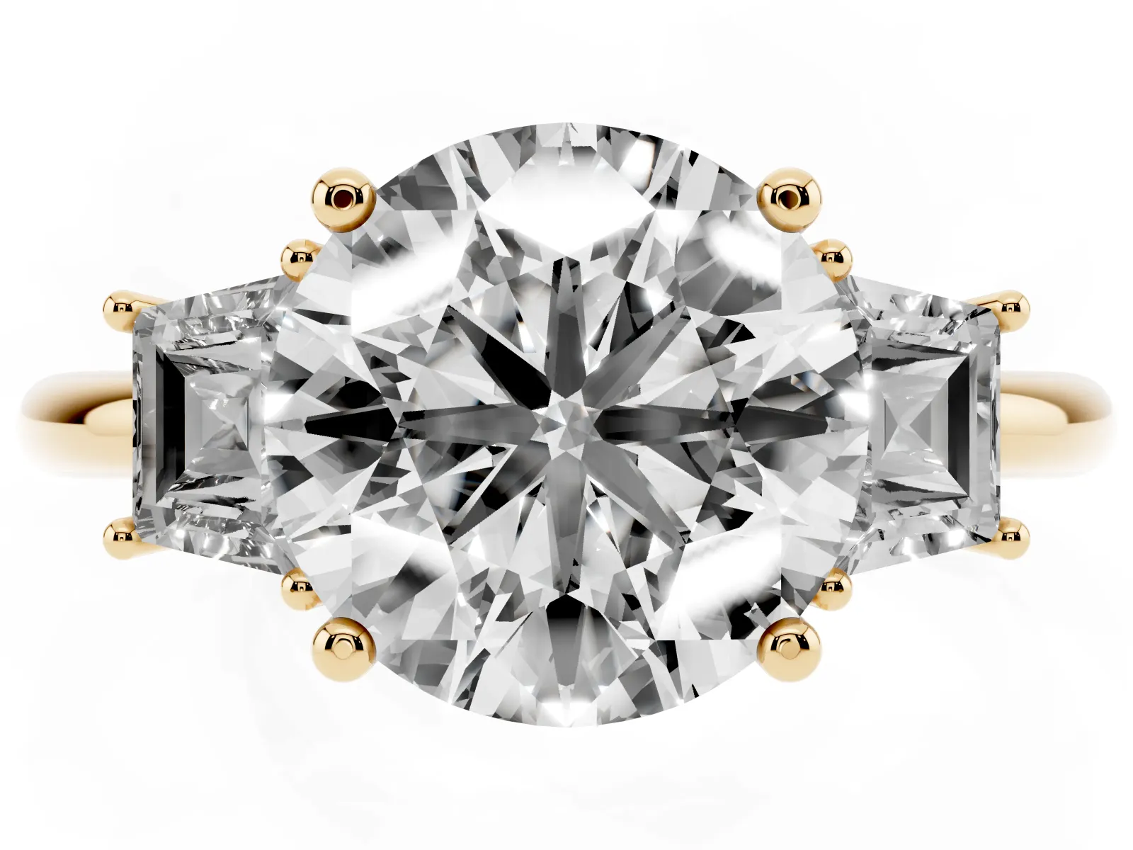 Round Cut Diamond Three-Stone Ring with Trapezoid Side Stones and Prong Setting Yellow gold