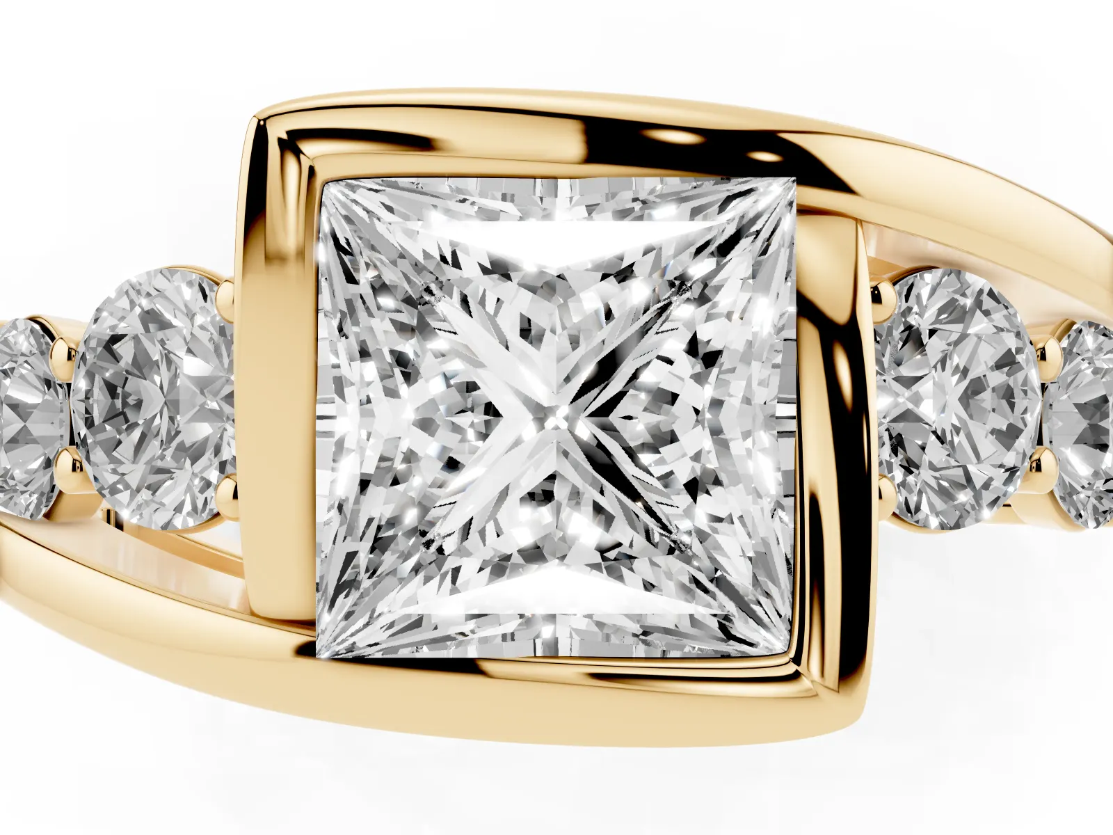 Bezel Set Princess Cut Diamond Bypass Ring with Round Accents Yellow gold
