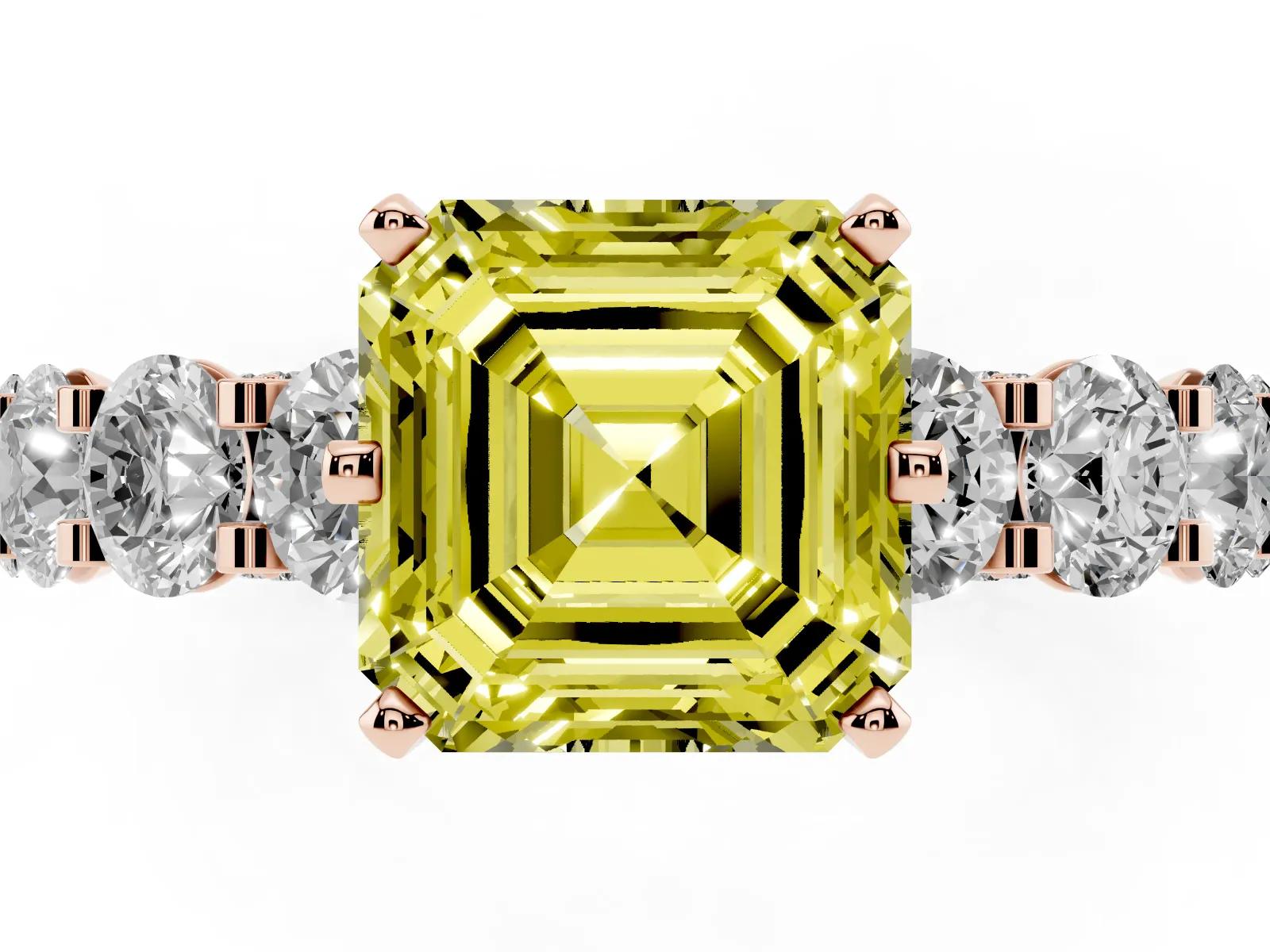 Fancy Yellow Asscher Cut Diamond Side Stone Engagement Ring with Four-Prong Setting Rose gold