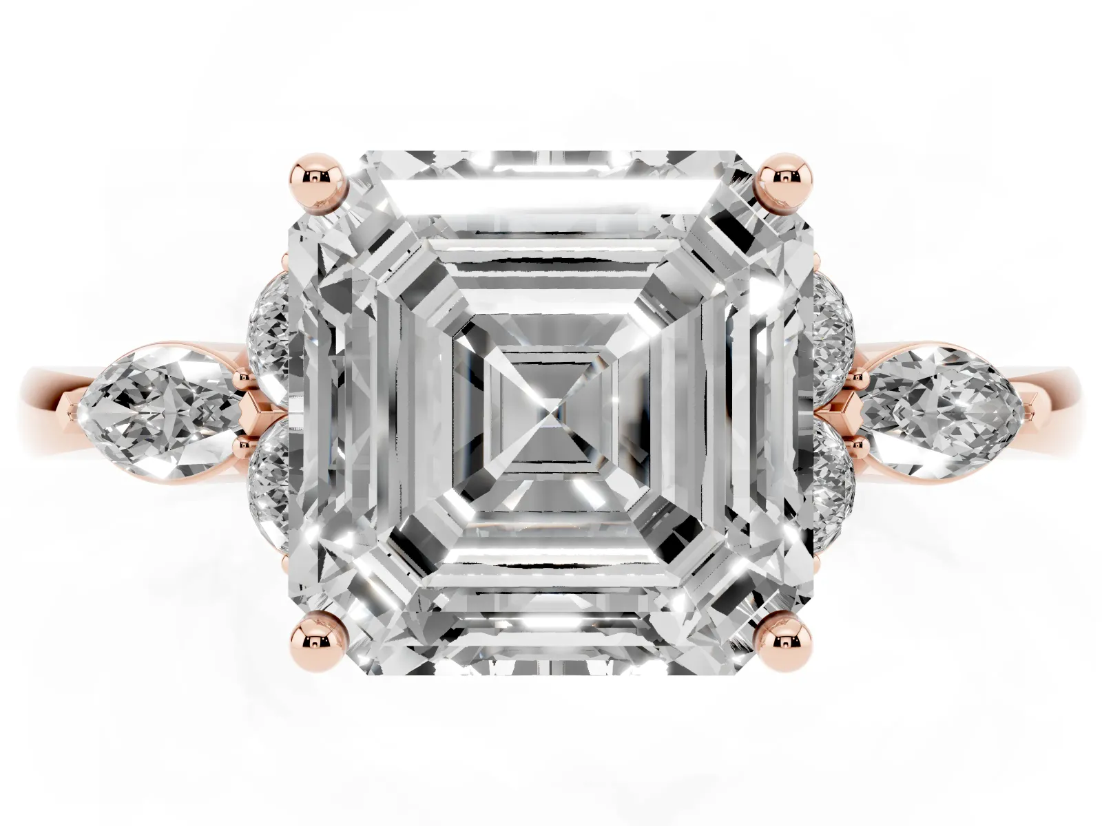 Asscher Cut Brilliant Diamond Solitaire Ring with Pear Side Stones and Four-Prong Setting Rose gold