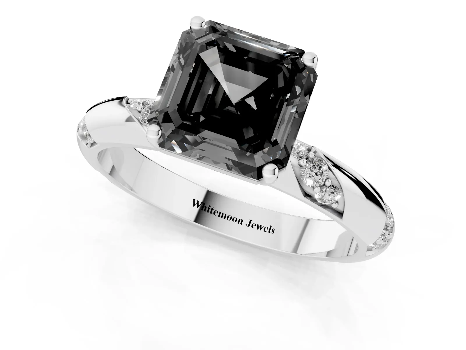 Fancy Black Asscher Cut Diamond Solitaire Engagement Ring with Twisted Round Accent Band and Prong Setting Platinum