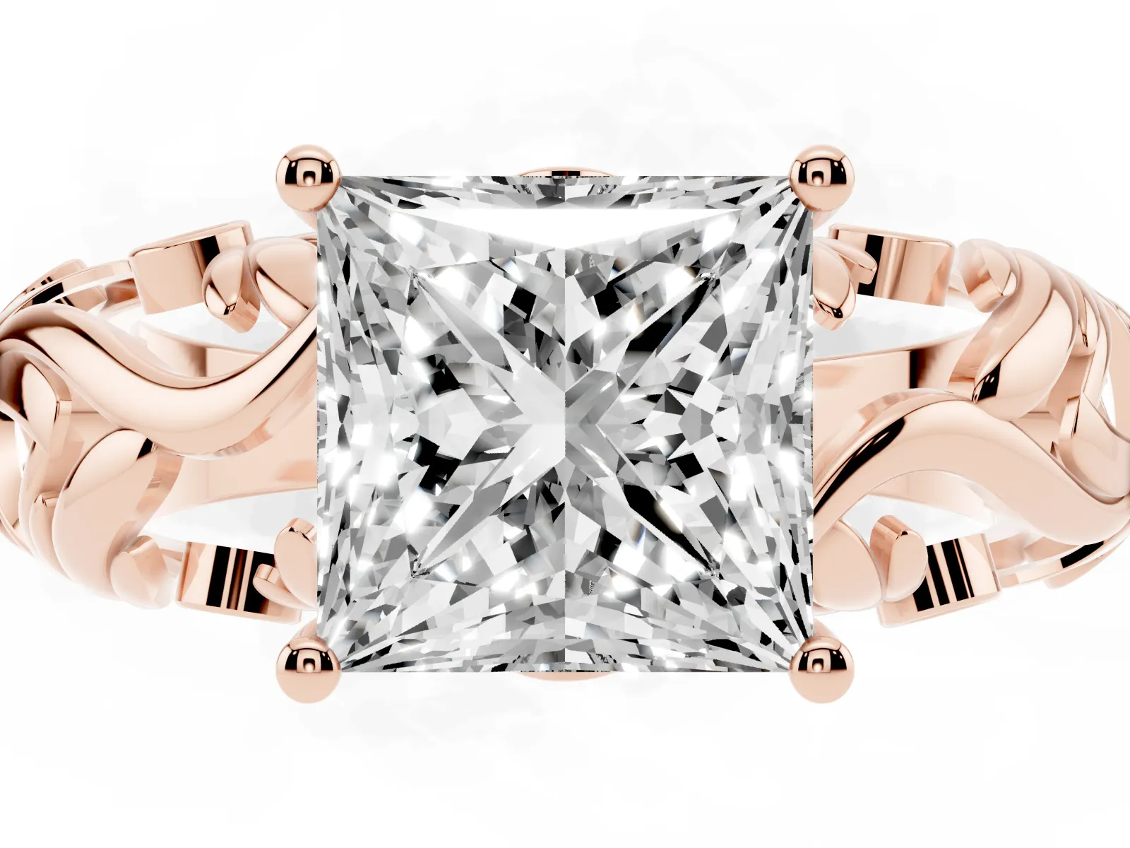 Princess Cut Solitaire Diamond Leaf-Inspired Vine Band Ring with Prong Setting Rose gold