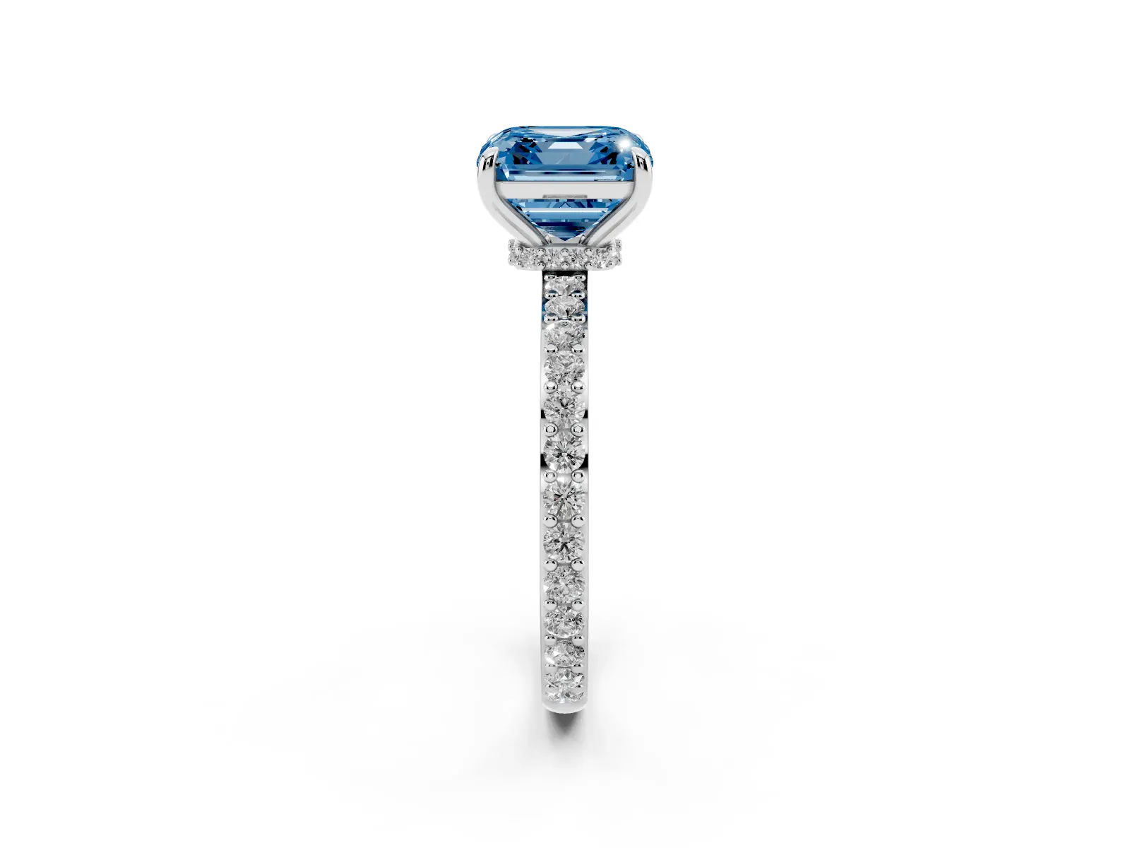 Fancy Blue Asscher Cut Diamond Solitaire Engagement Ring with Pavé Band and Four-Prong Setting White gold