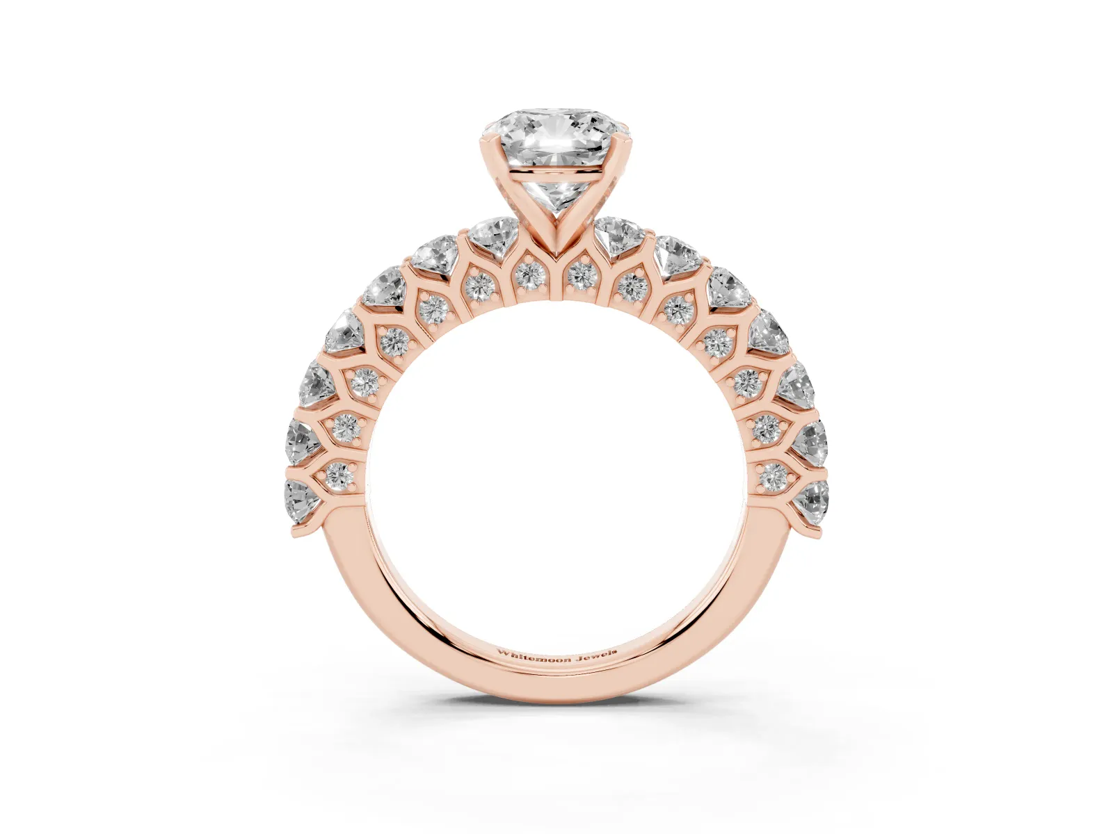 Cushion Cut Diamond Solitaire Ring with Shared Prong Pavé Band and Four-Prong Setting Rose gold