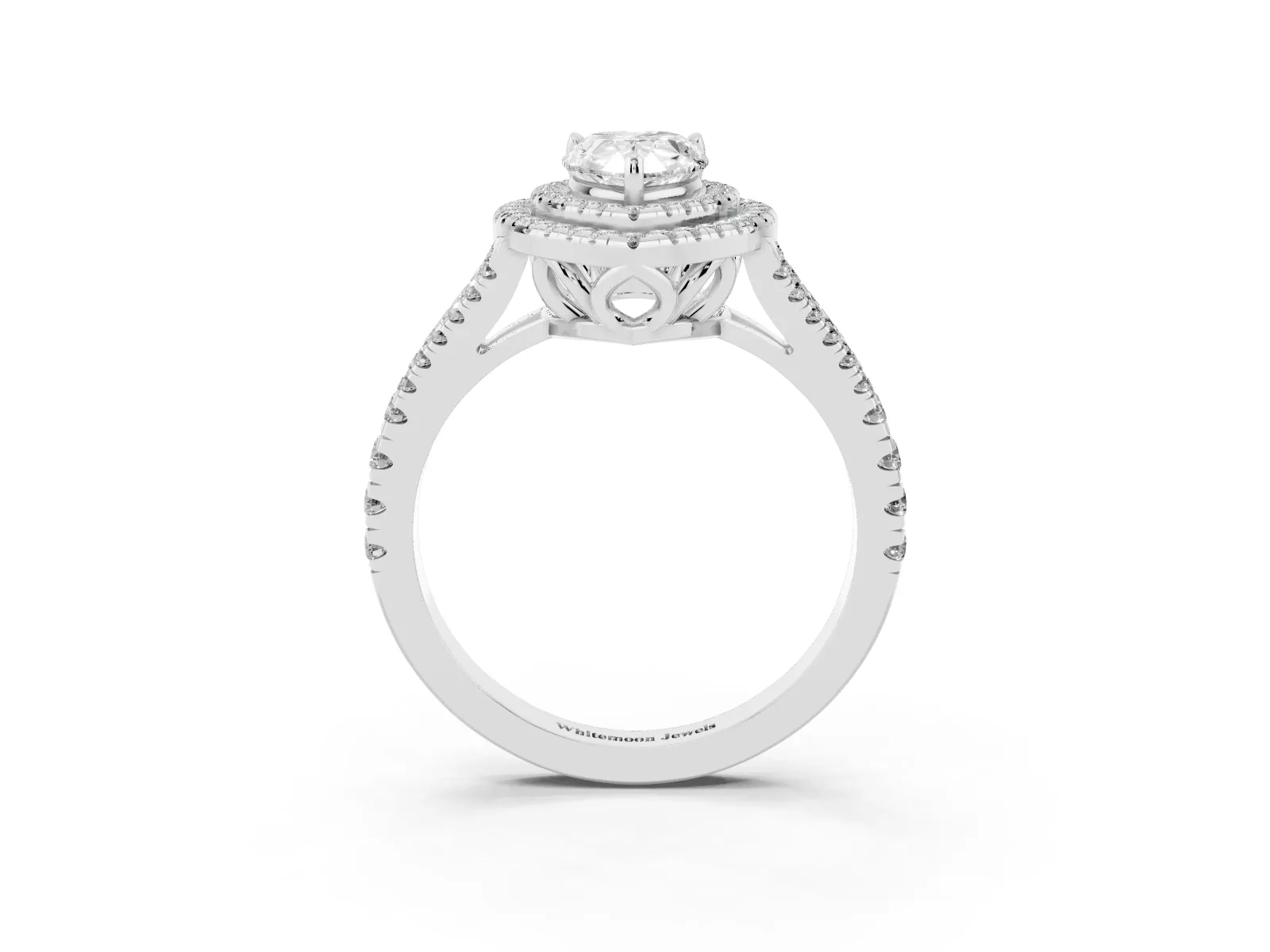 Pear Cut Diamond Double Halo Ring with Pavé Band and Prong Setting Platinum