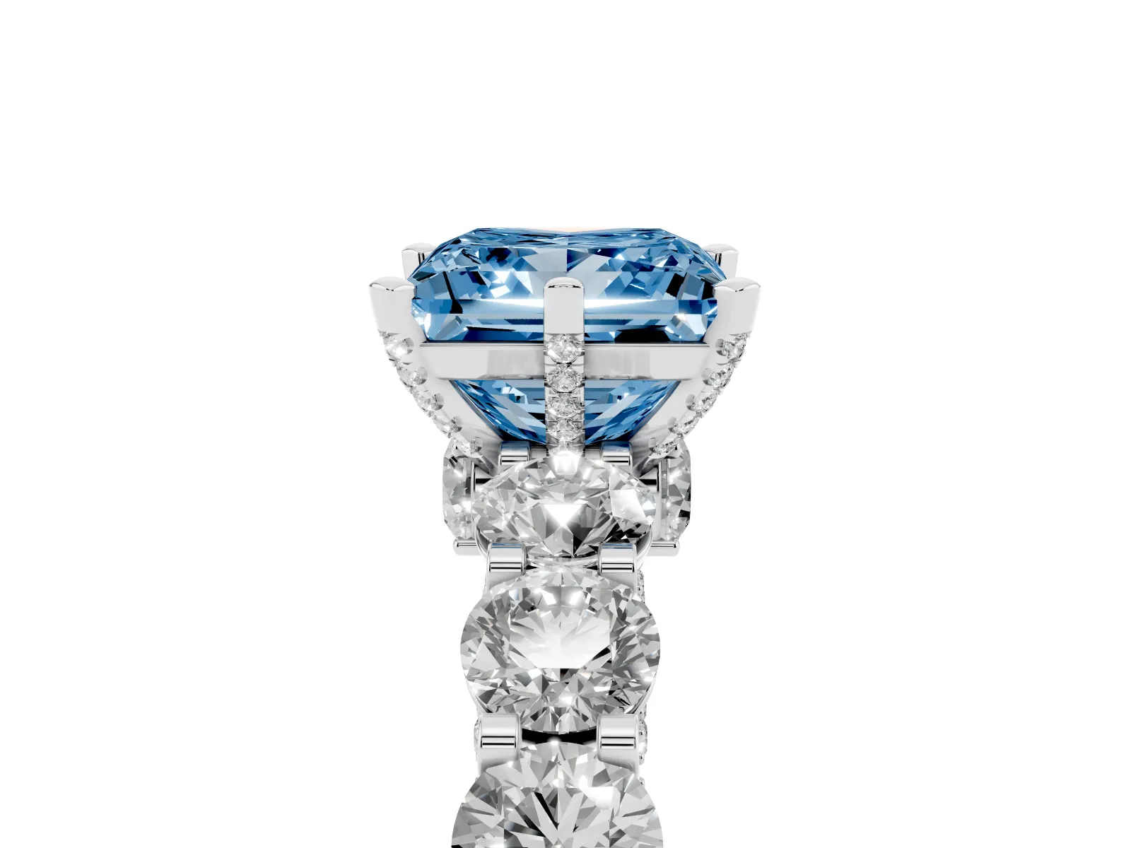 Fancy Blue Princess Cut Diamond Side Stone Engagement Ring with Four-Prong Setting Platinum