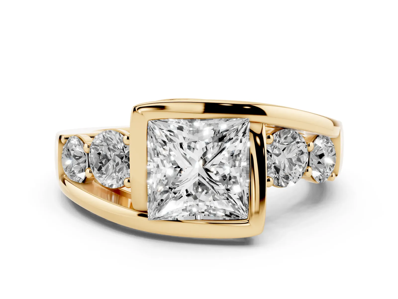 Bezel Set Princess Cut Diamond Bypass Ring with Round Accents Yellow gold