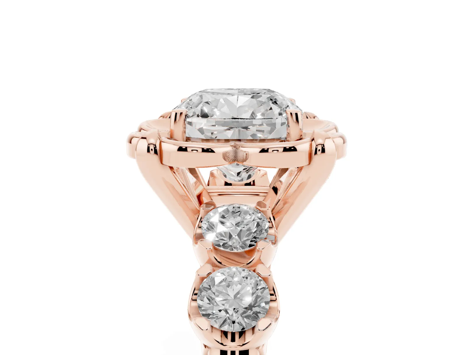 Cushion Cut Cut Diamond Floral Halo Engagement Ring with Shared Prong Setting Rose gold