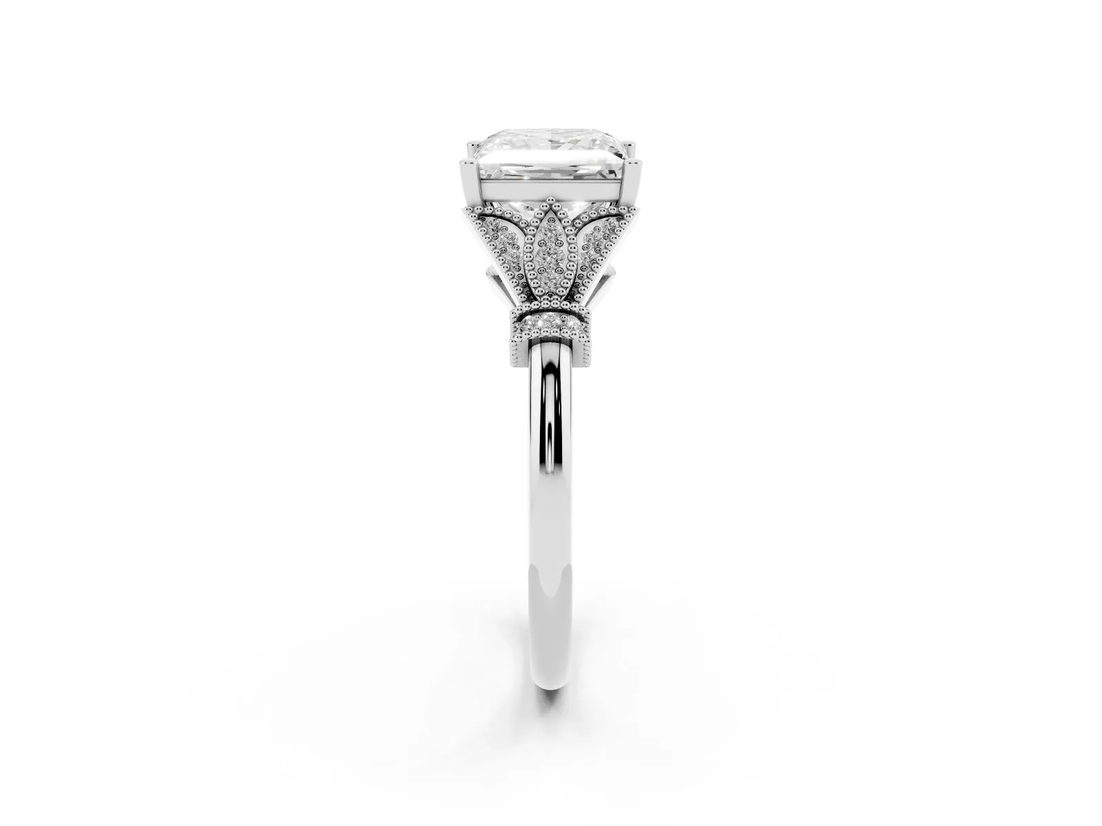 Princess Cut Diamond Solitaire Ring with Floral Filigree and Pave Accents Platinum