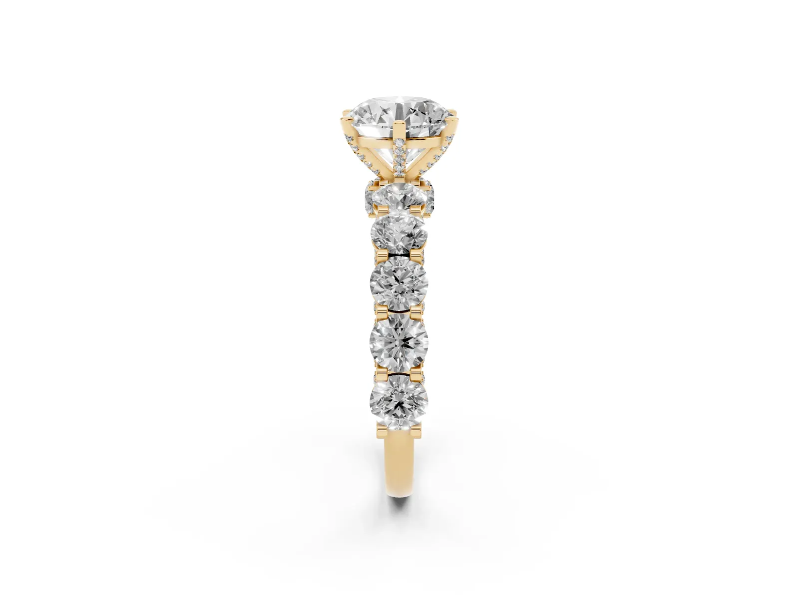 Round Cut Diamond Side Stone Engagement Ring with Four-Prong Setting Yellow gold