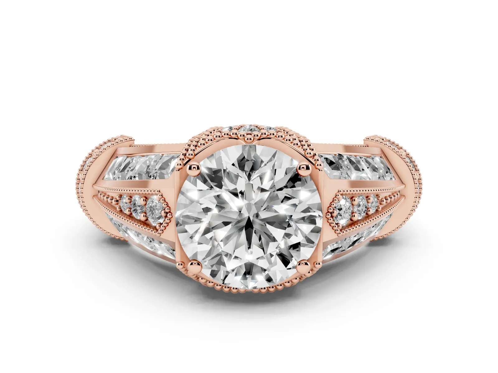 Vintage Milgrain Round Cut Diamond Split Shank Ring with Prong Setting Rose gold