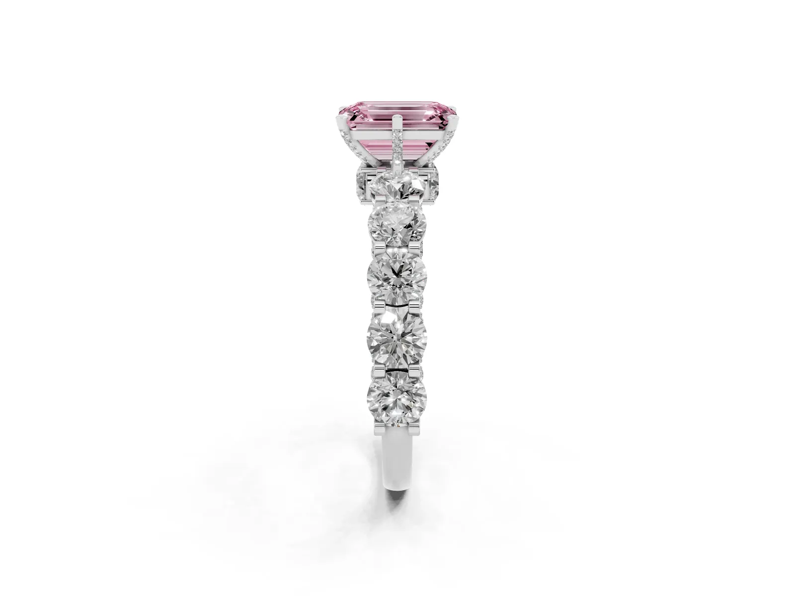 Fancy Pink Emerald Cut Diamond Side Stone Engagement Ring with Four-Prong Setting Platinum