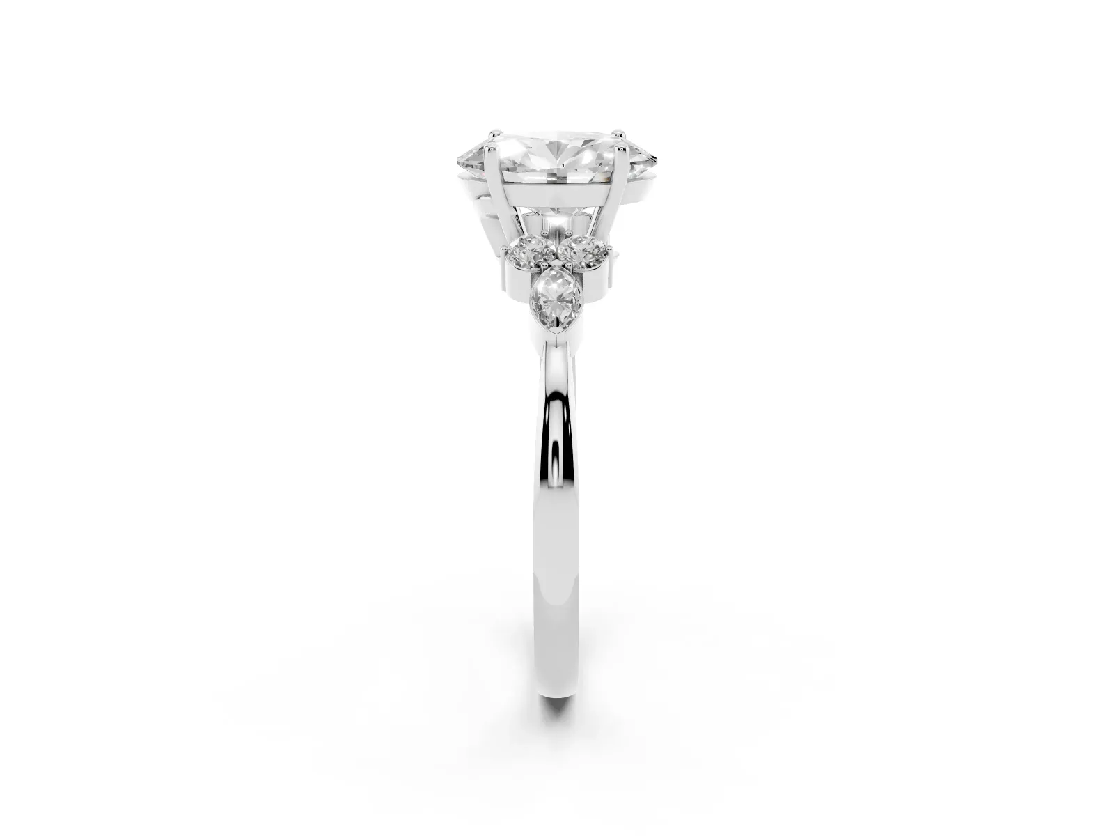 Oval Cut Brilliant Diamond Solitaire Ring with Pear Side Stones and Four-Prong Setting Platinum