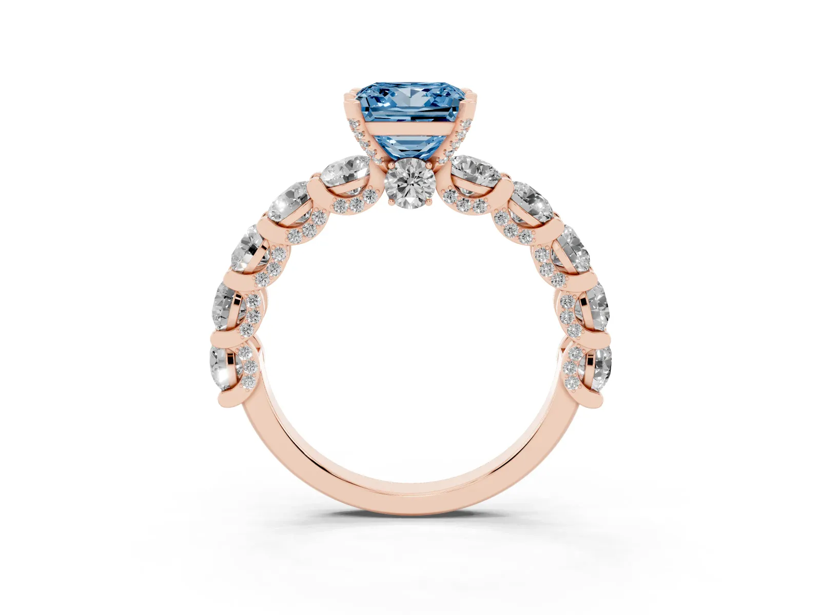Fancy Blue Princess Cut Diamond Side Stone Engagement Ring with Four-Prong Setting Rose gold
