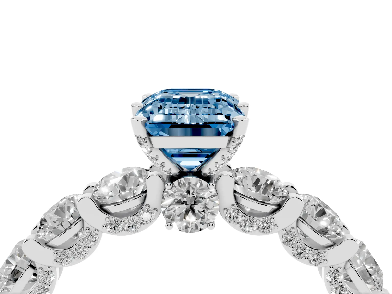 Fancy Blue Emerald Cut Diamond Side Stone Engagement Ring with Four-Prong Setting White gold