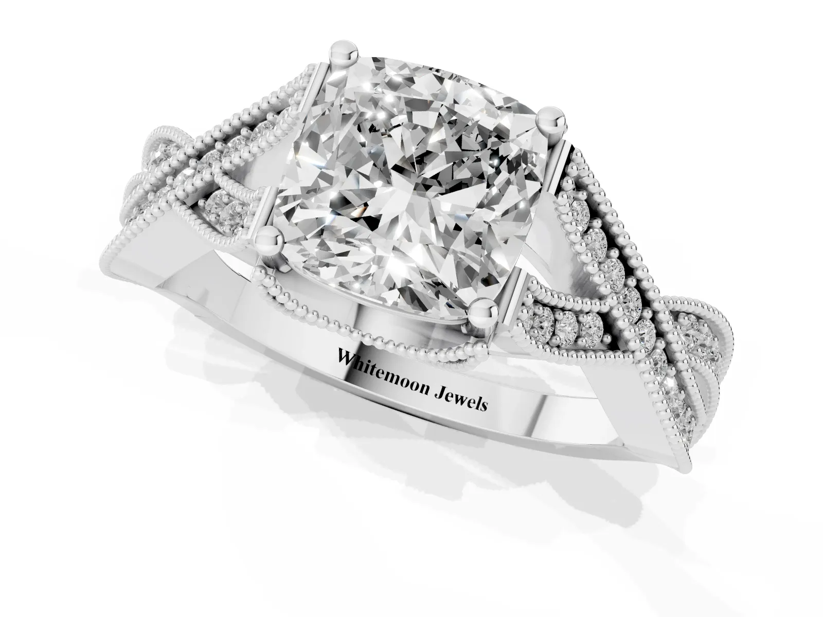 Cushion Cut Cut Diamond Twisted Band with Milgrain Pave Setting and Four-Prong Setting Platinum
