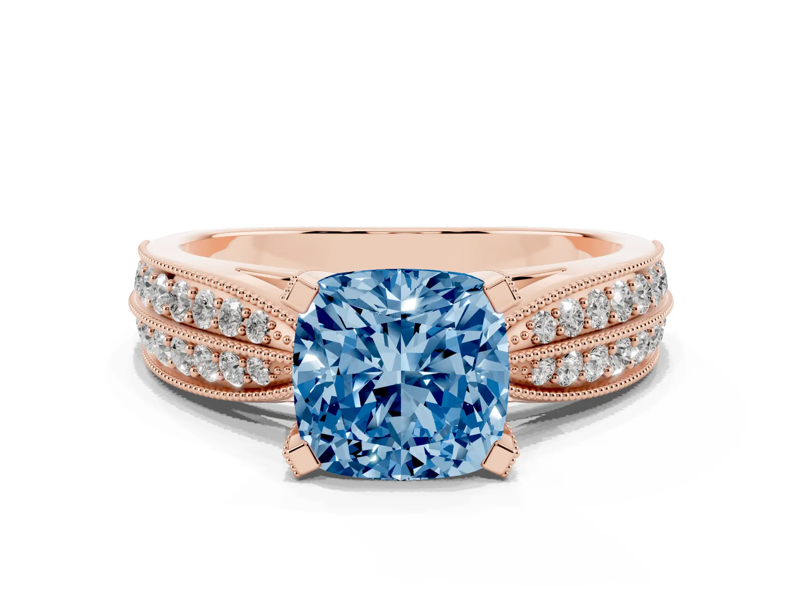 Fancy Blue Cushion Cut Diamond Solitaire Ring with Milgrain Round Pavé Band and Prong Setting Rose gold