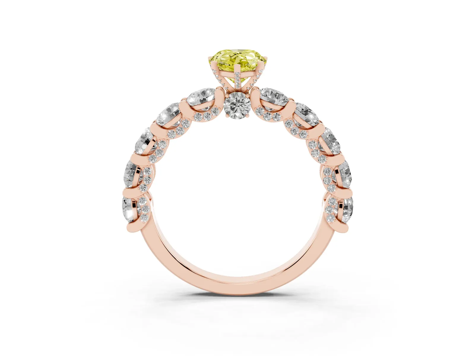 Fancy Yellow Pear Cut Diamond Side Stone Engagement Ring with Four-Prong Setting Rose gold