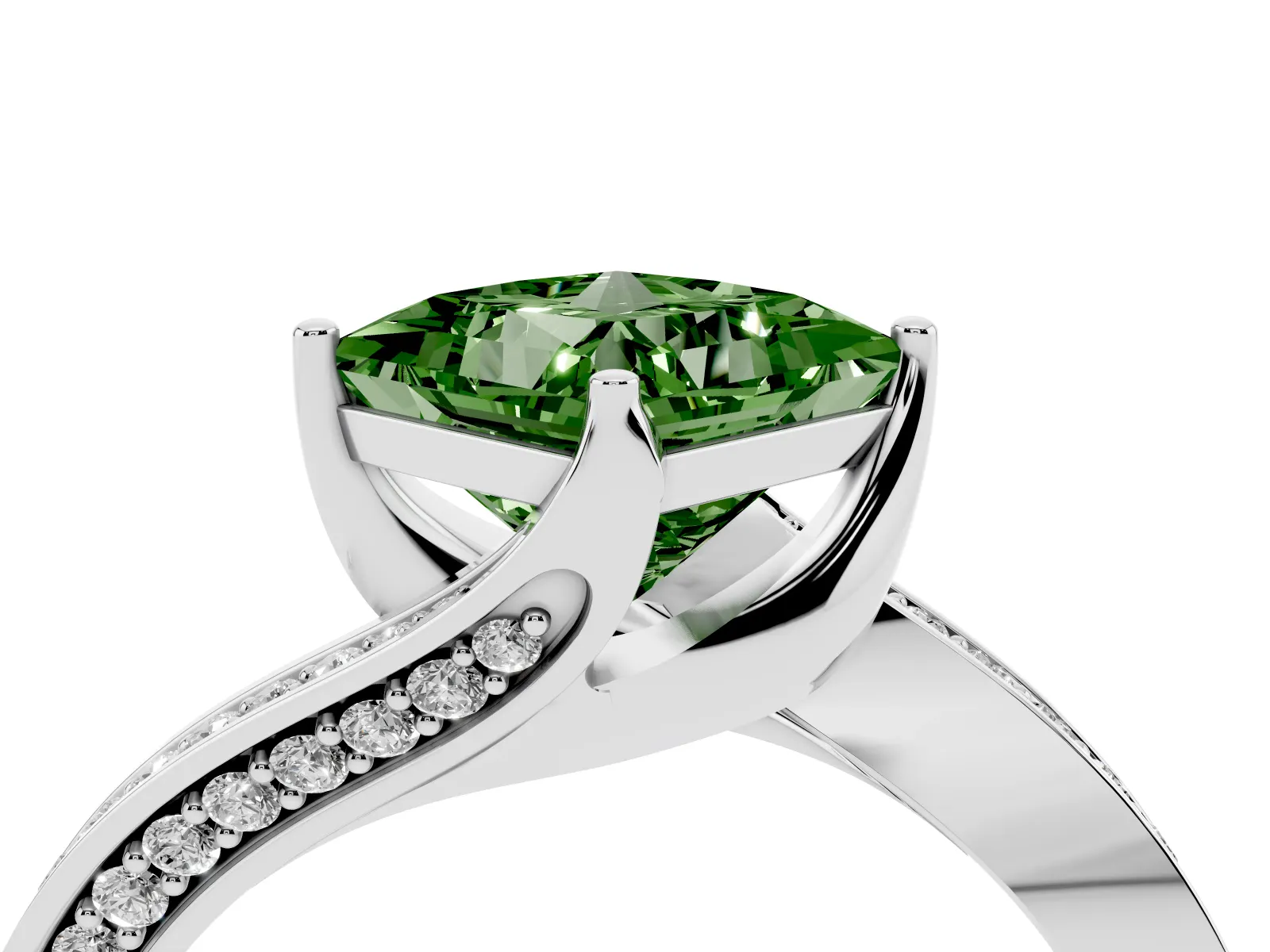 Fancy Green Princess Cut Solitaire Diamond Twist Band with Pavé Setting and Four-Prong Setting Platinum