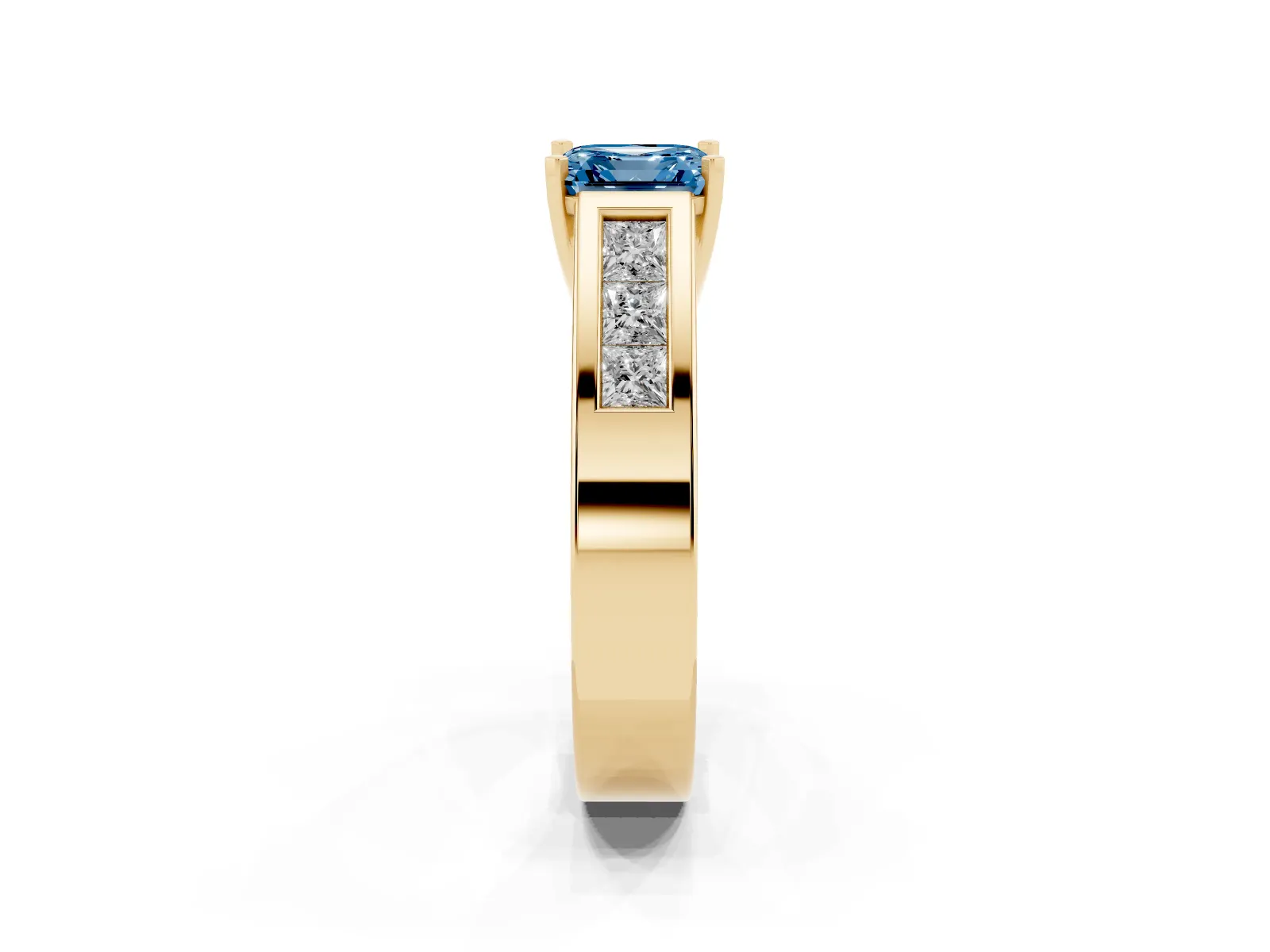 Fancy Blue Asscher Cut Cut Channel Set Solitaire Ring with Four-Prong Setting Yellow gold