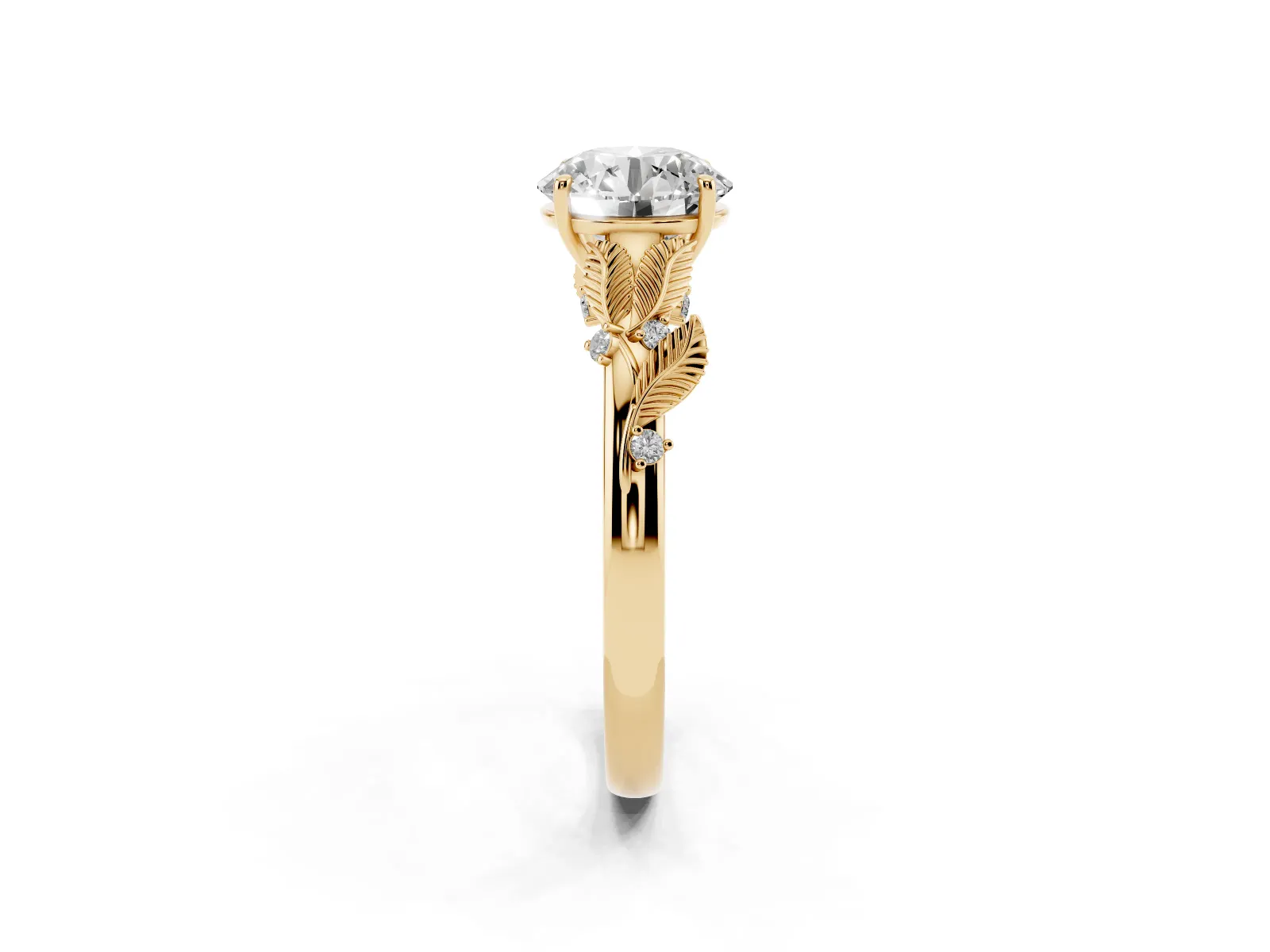 Round Cut Diamond Solitaire Ring with Leaf Motif Band and Four-Prong Setting Yellow gold