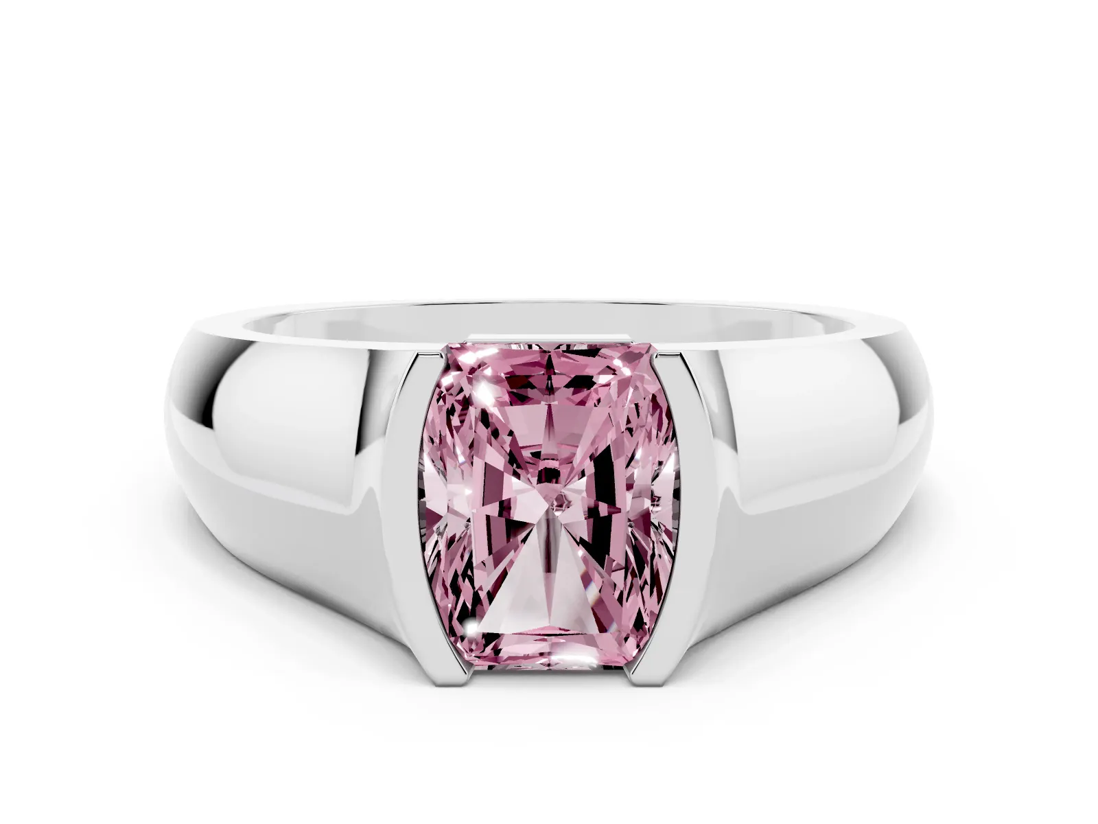 Fancy Pink Radiant Cut Solitaire Bezel Set Diamond Ring with Wide Band White gold