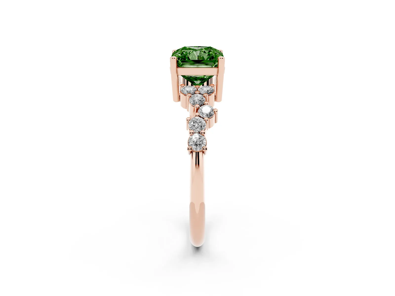Fancy Green Radiant Cut Diamond Scattered Round Accent Ring with Prong Setting Rose gold