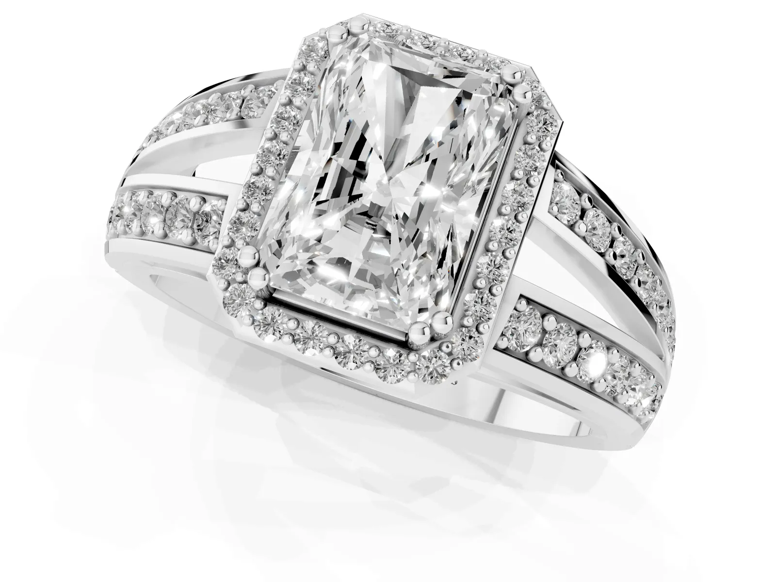 Radiant Cut Diamond Halo Ring with Split Shank Pavé Band and Four-Prong Setting White gold