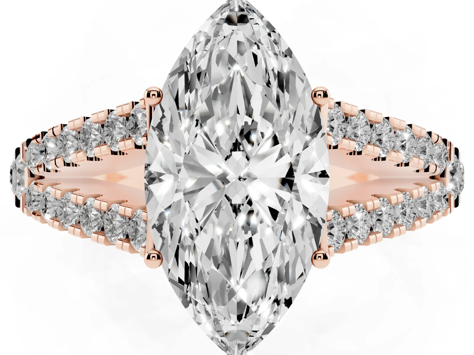 Marquise Cut Diamond Split Shank Engagement Ring with Round Pavé and Prong Setting Rose gold