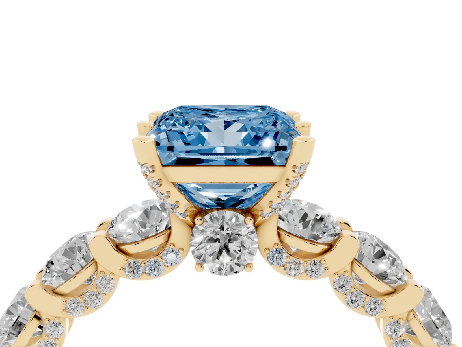 Fancy Blue Princess Cut Diamond Side Stone Engagement Ring with Four-Prong Setting Yellow gold