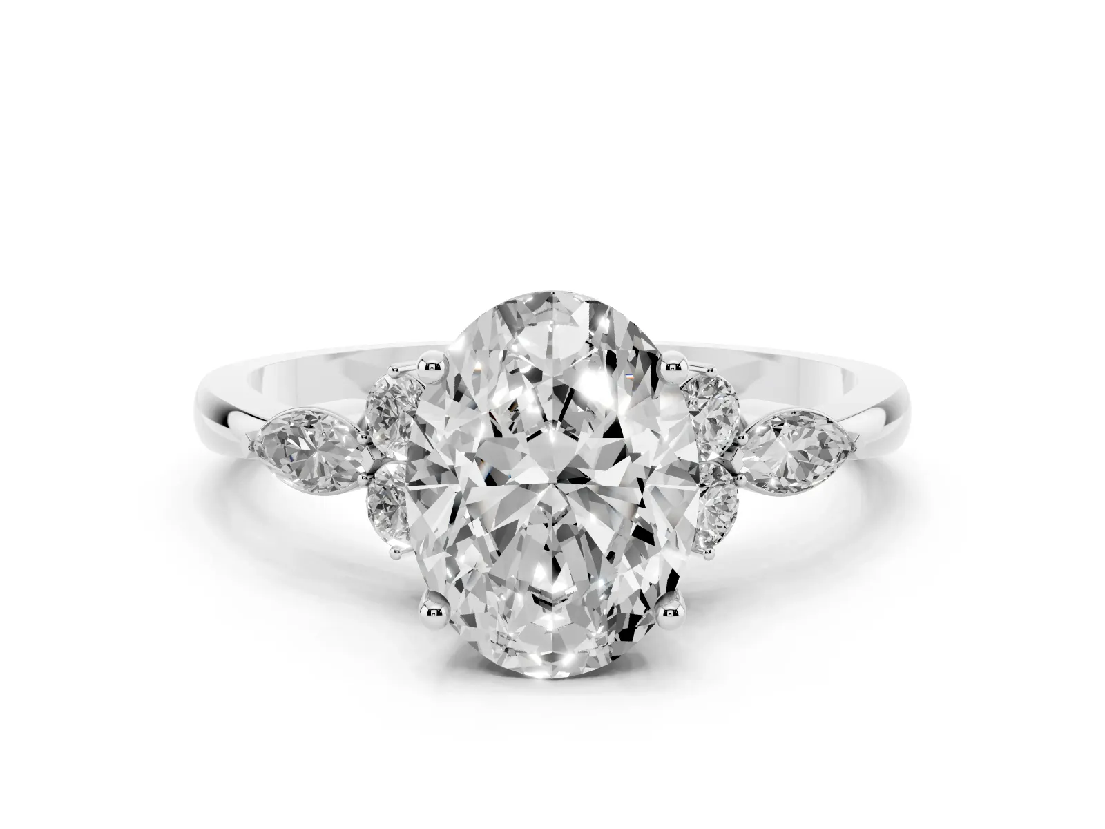 Oval Cut Brilliant Diamond Solitaire Ring with Pear Side Stones and Four-Prong Setting Platinum
