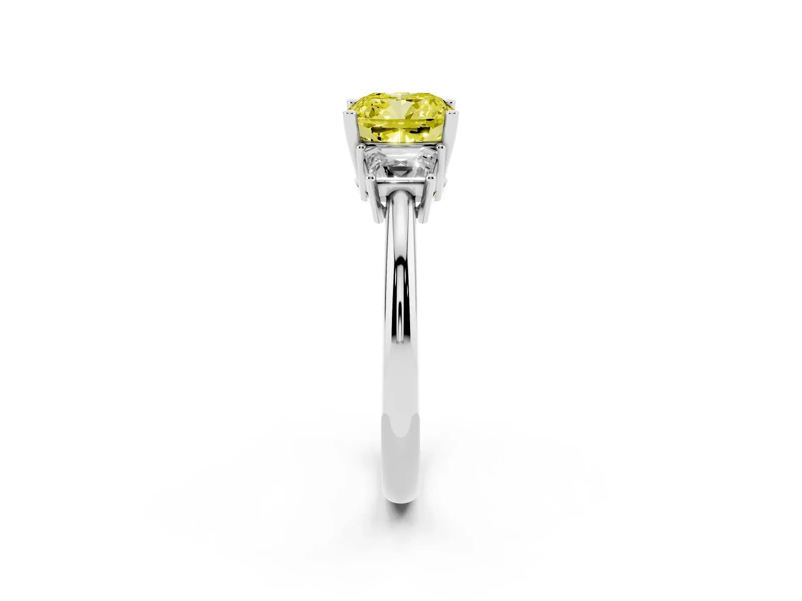 Fancy Yellow Cushion Cut Diamond Three-Stone Ring with Trapezoid Side Stones and Prong Setting Platinum